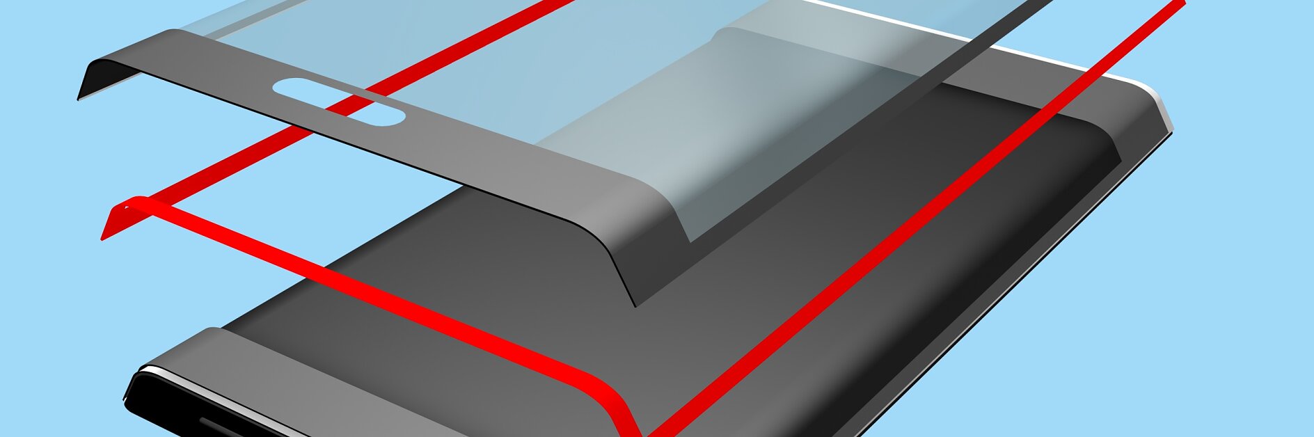 Illustration of a smartphone screen protector installation. The image shows a transparent screen protector above a phone and a red outline indicating alignment. A roll of tesa tape is nearby, hinting at its use in the process. The background is light blue.