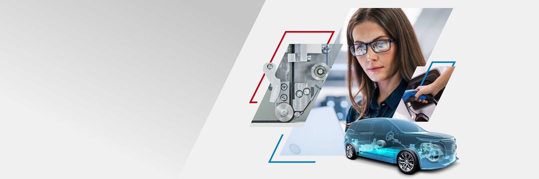 The image features a collage with a mechanical component, a woman wearing glasses inspecting an item, and a car with a partially transparent view showing internal mechanisms. tesa tape is prominently used in the assembly of these components. The background is a gradient of white and light gray.